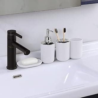 IMAVO Bathroom Accessory Set - 8 Pcs White Set with Trash Can, Soap Dispenser, Soap Dish, Toothbrush Holder, Toothbrush Cup, Toilet Brush Holder, Qtip Dispenser