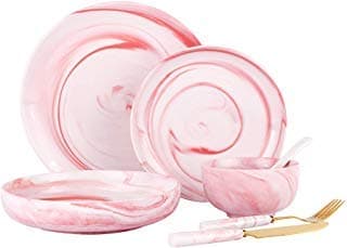 CERSIA 24-Piece Stoneware Marble Modern Dinnerware Set, Service for 4, Dinner Plates, Dessert Plates, Cake Plates, Fruit Bowls, Sugar bowls, Soup bowls Spoon, 2-Knife & Fork for Kitchen (pink)