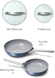 Caraway Ceramic Nonstick Fry Pan Set with Glass Lids – Includes Two 10.5” Fry Pans, One 8” Fry Pan, & Three Lids - Non Toxic, PTFE & PFOA Free - Oven Safe & Compatible with All Stovetops - Navy