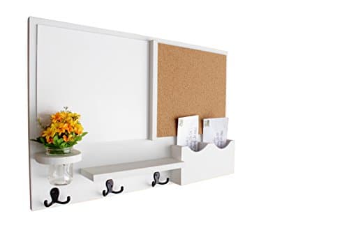 Legacy Studio Decor Message Center with White Board & Cork Board Letter Holder Coat Rack Key Hooks (Distressed, White)