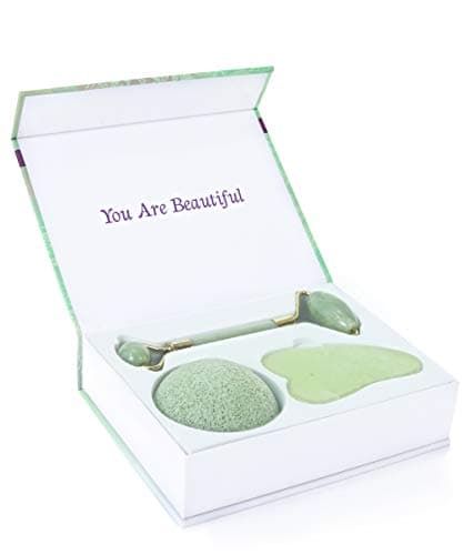 Jade Roller & Gua Sha Massage Tool + Konjac Sponge - Gift Set For Tighter and Firmer Skin – Anti-Aging Therapy – Helps With Depuffing & Dark Circles - Tones Facial Muscles