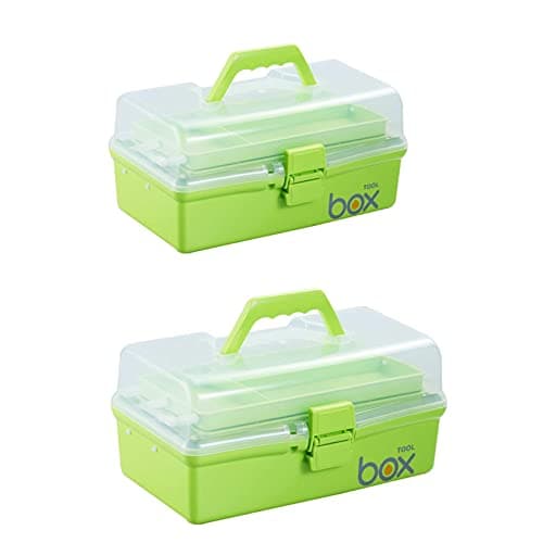 2PCS 12'' Three-Layer Clear Plastic Storage Box/Tool Box, Multipurpose Organizer and Portable Handled Storage Case for Art Craft and Cosmetic (Green)
