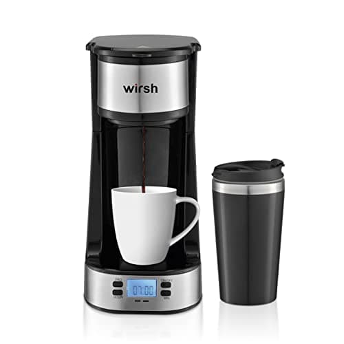 wirsh Single Serve Coffee Maker - Programmable Timer, LCD Display, 14 oz Double-wall Stainless Steel Travel Mug, Reusable Filter, Compact Personal Coffee Maker