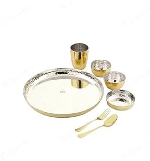 Ebun Heavy Gauge Stainless Steel Dinner Set | Gold PVD Plated Steel Thali Set | Stainless Steel Dinner Set for Kitchen | Thali Set for Dinner | Pack of 2 | 14 Pieces | Gold PVD Plated