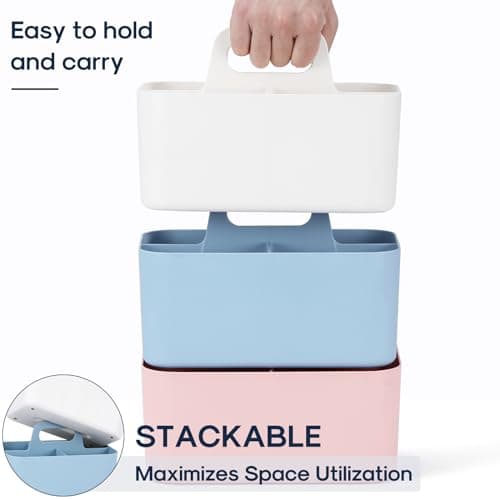 Multiuse Caddy Organizer with Handle - Stackable Plastic Tote Bin - Art Craft Supplies, Office, Desk, Stationery Pen Holder, Kitchen, Utensil, Makeup, Bathroom, Shower, Cleaning, Dorm Organizer -White
