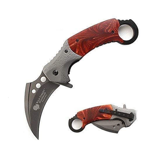 Wild Turkey Handmade Heavy Duty Hawk Bill Designed Karambit Spring Assisted Knife Hunting Camping Fishing Outdoors Lightning Fast Deployment - Razor Sharp Blade (Brown)