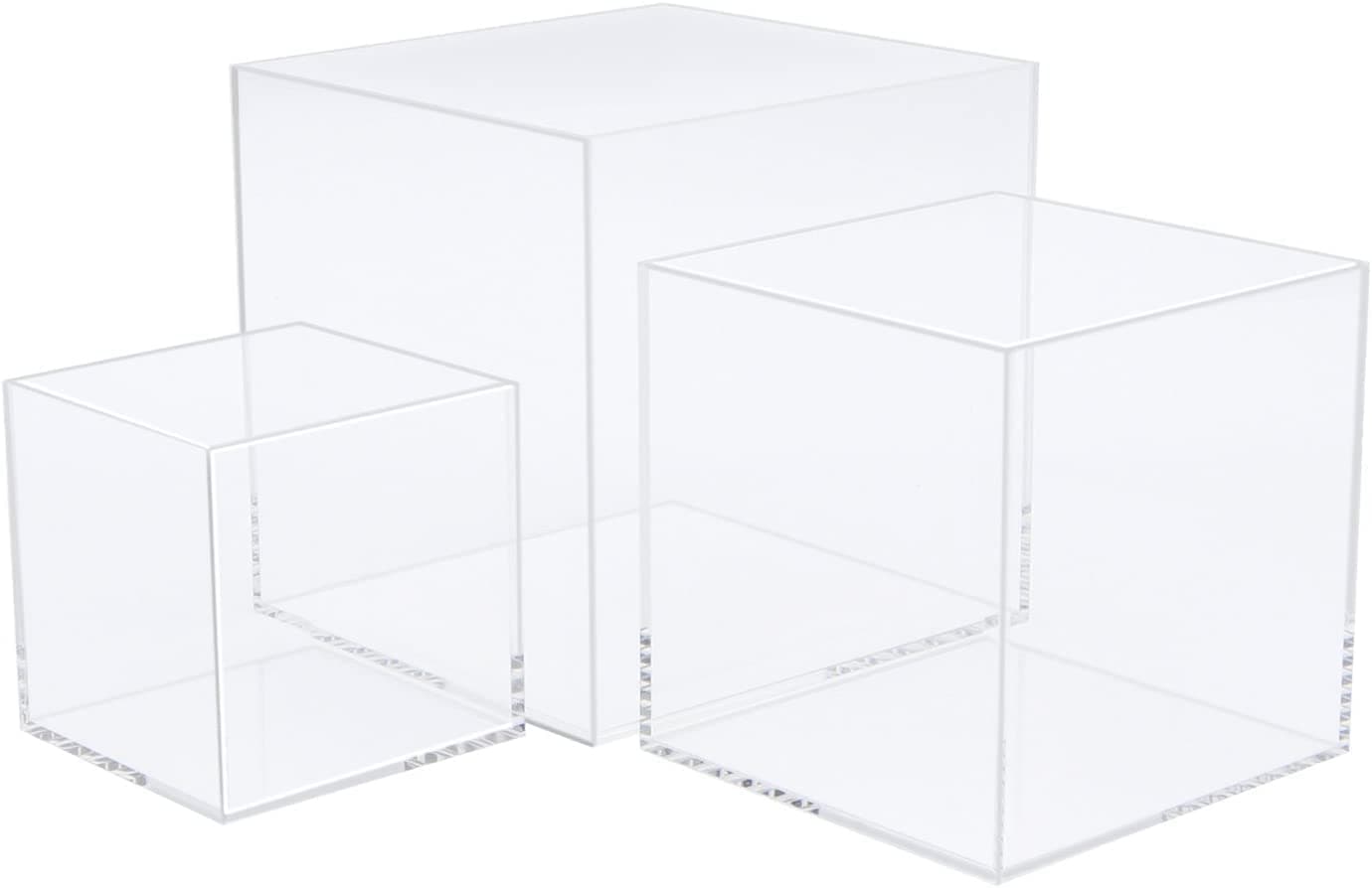Cliselda Clear Acrylic Display Boxes, 5 Sided Cube (3 pcs), Display Case Plastic Box Perspex Stand, Dustproof Protection Showcase for Action Figures, Toys, Collectibles