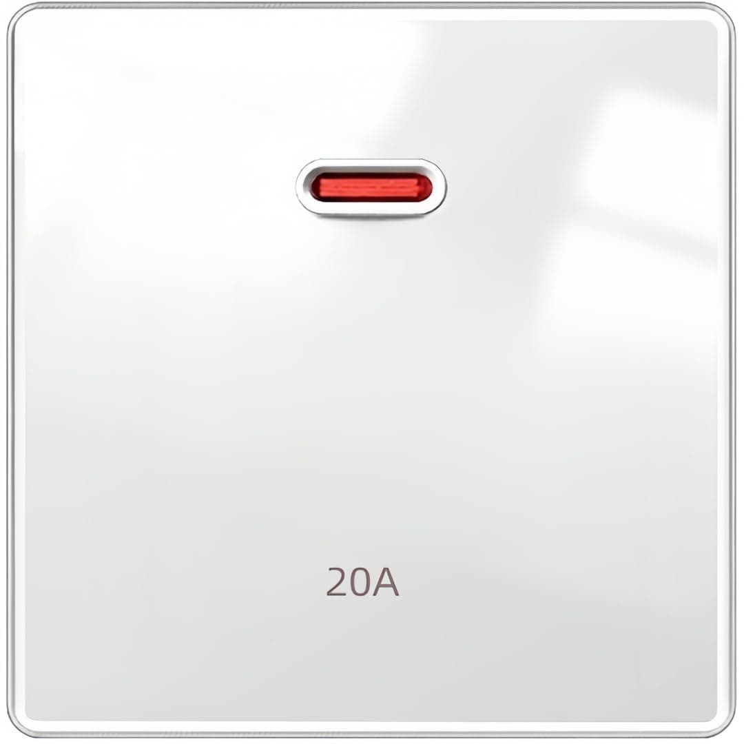 20A Double Pole with LED Indicator Switch Tempered White Glass Panel and Big Rocker Button Light Switch,UK Standard Wall Power Socket, Artistic Modern Swich soket (20A Switch)