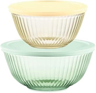 Pyrex Colors Tinted 4-PC, Small/Medium Glass Mixing Bowls With Lids, Nesting Space Saving Set of Bowls For Prepping and Baking, 1.3QT & 2.3QT