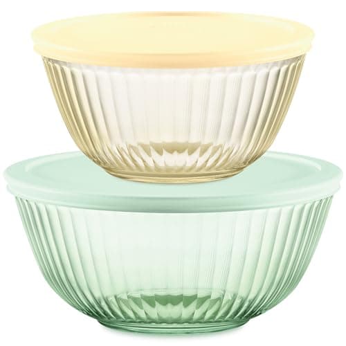 Pyrex Colors Tinted 4-PC, Small/Medium Glass Mixing Bowls With Lids, Nesting Space Saving Set of Bowls For Prepping and Baking, 1.3QT & 2.3QT