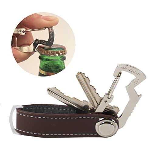 NEW QUALITY (2-in-1) Compact Key Holder - PU Leather - Pocket Smart Carabiner, Easy to Secure Your Keys and Open Beverages, Using Bottle Opener Included (Chocolate)