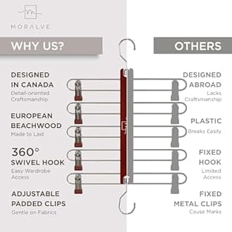 MORALVE Skirt Hangers Space Saving with Clips - 2 Pack - European Beechwood 5-Tier Hanger for Shorts, Skirts, and Trousers - Wardrobe Organizer and Storage Solution for Women with 360° Swivel Hook