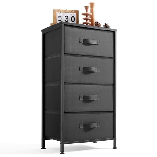 LINSY HOME Dresser for Bedroom, Black Dresser with 4 Drawers, Chest of Drawers with Wood Top and Steel Frame, Storage Drawers for Closet, Living Room, Hallway, Entryway