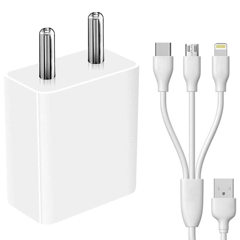 3 in 1 Charger for Tecno Pop 5 Charger Android Smartphone Wall Mobile Charger Hi Speed Fast Charger with 1.2m 3-in-1 Multi Functional Micro USB Android iOS Type-C Cable - (White, SSH-90)