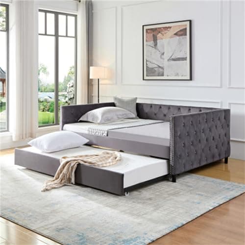 Elegant Sofa Bed with Removable Wheels, Square Arms, and Button Accents, Versatile and Durable Bedroom or Living Room Furniture (Gray), Full, Grey
