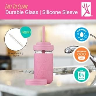 Elk and Friends Kids + Toddler Glass Cups | The Original 12oz Glass Mason Jar with Sleeves + Lids | Silicone Straws + Stopper | Smoothie Cup | Food Storage | Spill Resistant | Dishwasher Safe | 4 Pack