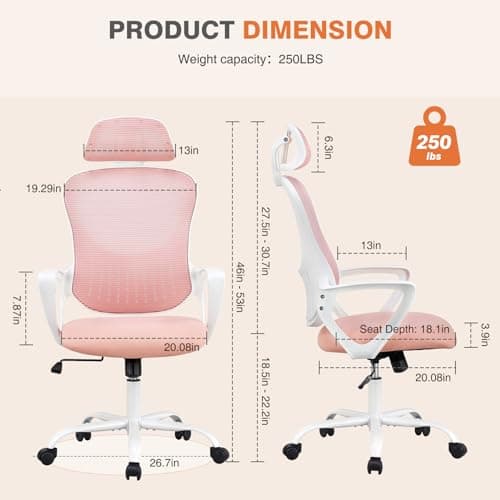 Sweetcrispy Office Computer Desk Chair, Ergonomic High-Back Mesh Rolling Work Chairs with Wheels and Adjustable Headrests, Comfortable Lumbar Support, Comfy Armrest for Home, Bedroom, Study, Pink