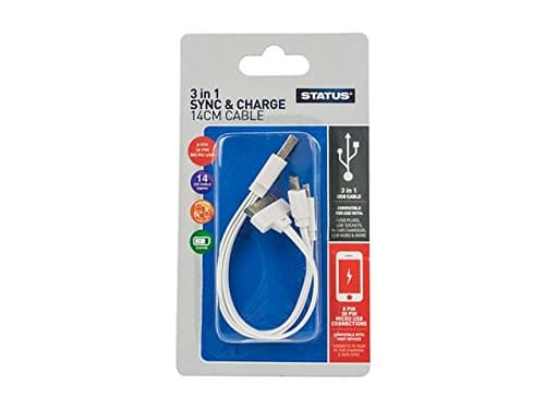 Status USB A to 30-Pin, 8-Pin or USB Micro Charge Cable, Fast Charger, 14cm Durable, 5w Fast Charging Cable, High-Speed Data Sync, White, (Pack of 1), SMLCCW1PK6