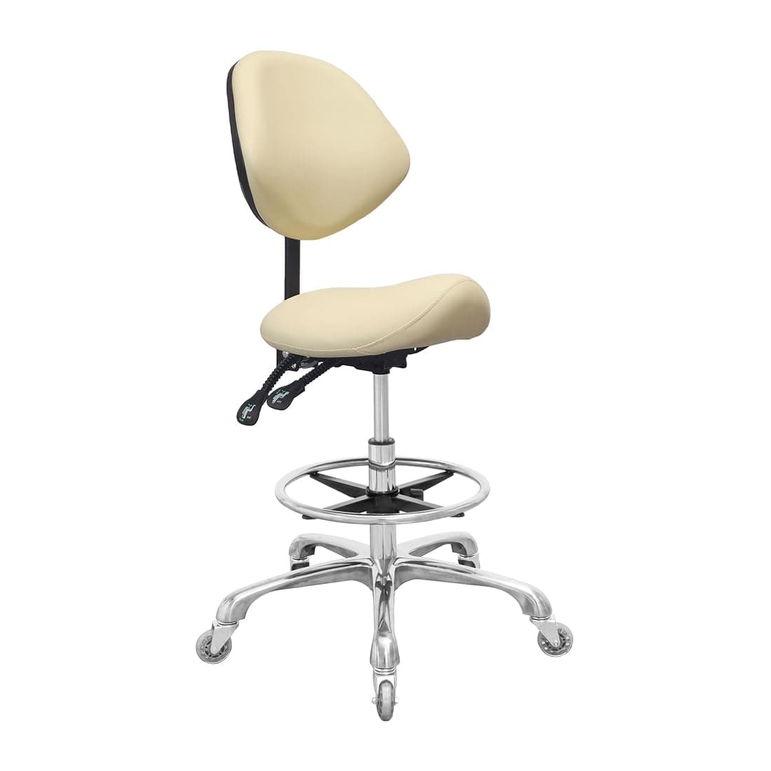 - Saddle Stool Chair with Back Support Footrest, Heavy-Duty(350LBS), Hydraulic Rolling Swivel Adjustable Stool Chair for Salon Spa Beauty Massage Dental Clinic Home Office Use(Beige)