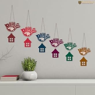 Artvibes Multicolored Flying Birds Wooden Wall Hanging for Home Decoration | Garden Balcony | Office | Cafe | Decorative Door Hanging | Festive Decor Art Items (WH_9104N), Pack of 6