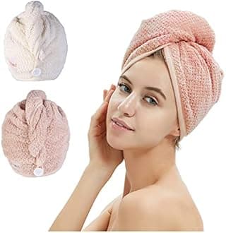 Hair Towel Wrap,Hair Drying Towel with Buttons, Microfiber Towel, Dry Hair Hat, Bath Hair Cap (Pink)