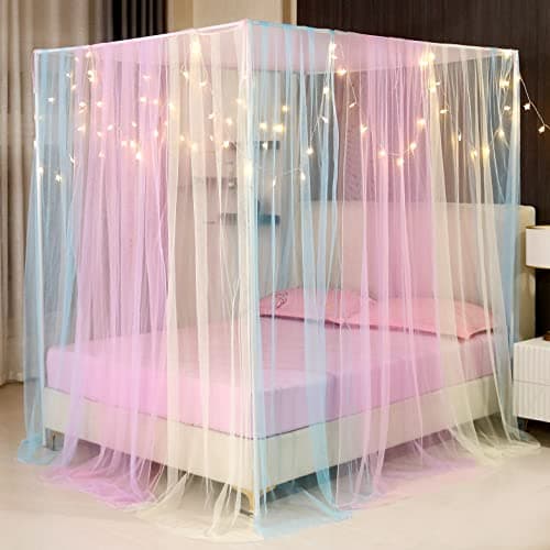 Canopy Bed Curtains with Lights,Rainbow Bed Canopy for Girls,Bed Drapes Netting Bedroom Decoration Accessories for Girls Adults,Queen