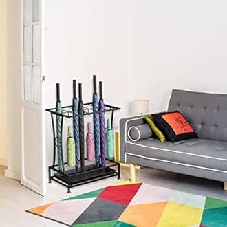 Metal Umbrella Holder Stand with Removable Drip Tray, Industrial Free Standing Umbrella Rack Organizer for Entryway Home Office Patio Decor(10 Slots 8 Hooks, Black)