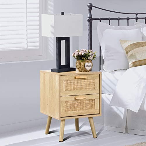 Finnhomy Nightstand, End Table, Side Table with 2 Hand Made Rattan Decorated Drawers, Wood Accent Table with Storage for Bedroom, Natural (Patented)