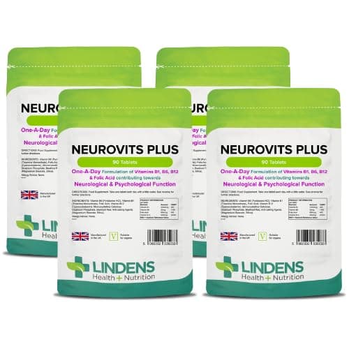 Lindens - Neurovits Plus Tablets - 360 Pack (90 Pack x 4) - UK Made - Contains Vitamin B1, B6, B12 & Folic Acid Contributes Towards Normal Psychological Function, Healthy Heart & Nervous System