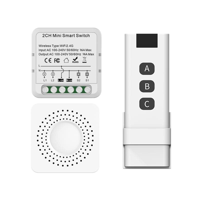 Mini Smart WiFi Switch, DIY RF & WiFi Tuya App Remote Control, 1/2 Way 16A, Alexa/Google Home Compatible (2 Way)