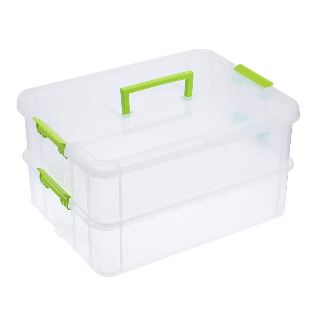 2-Tiers Stack Carry Storage Box With Handle, Transparent Stackable Storage Bin With Handle Lid Latching Storage Container for School & Office Supplies (Green)