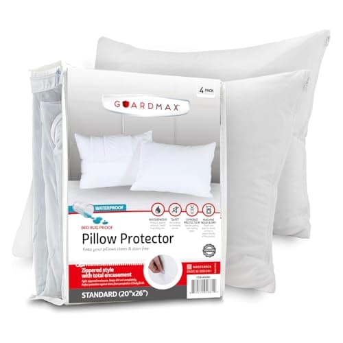 Guardmax Bed Bug Pillow Protectors Standard 4 Pack | Waterproof Hypoallergenic Covers | Zippered Pillow Cases | Noiseless (Standard - 20x26ââ‚¬Â - Set of 4)