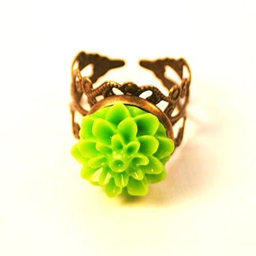 Lime Green Flower Brass Filigree Adjustable Ring