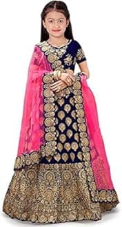 Girl's Taffeta Satin Semi Stitched Heavy Work Lehenga Choli Indian Etheric wear for Girls 5-15 Years (3-4 Years, Blue)