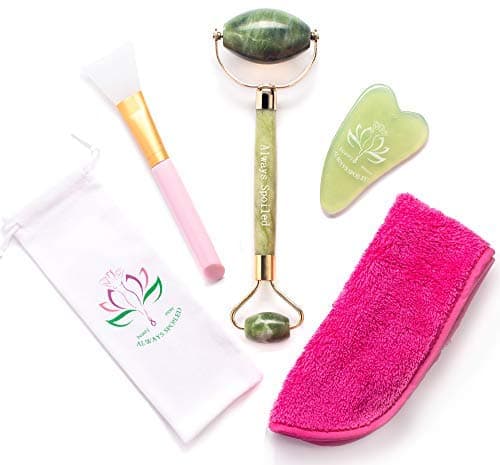 4-in-1 Jade Roller and Gua Sha Set with Mask Brush & Makeup Remover Bonus- Real 100% Natural Jade for Face Neck Body- Complete Beauty Set for Slimming & Firming- Rejuvenate Skin & Remove Wrinkles