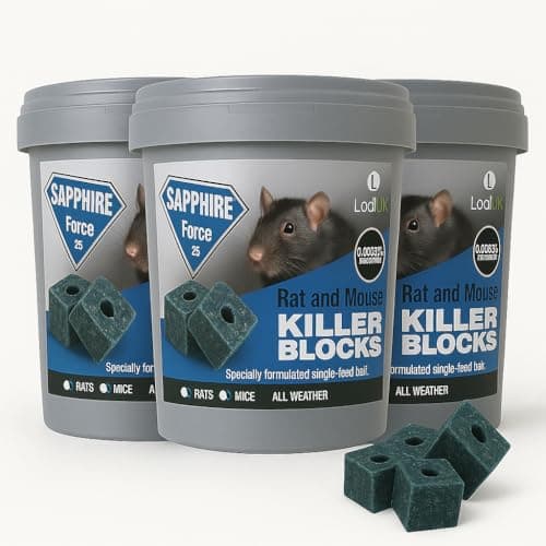 Rat & Mouse Poisoning Blocks Max Strength Bait Blocks Single Feed Rodent Killer Block Fast Acting All Weather Sapphire BLOKS - Pack of 3.