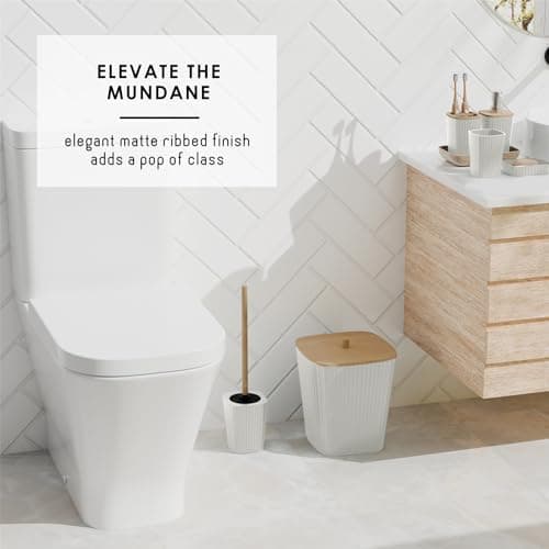 Clara Clark Bathroom Accessories Set - Bathroom Accessory Set with Shower Curtain Set, Toilet Brush, Trash Can & Soap Dispenser (White, Complete Set)