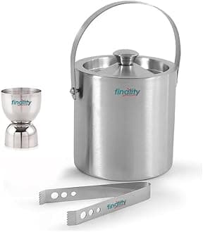 Double Walled Stainless Steel Insulated Ice Bucket with Lid | Ice Tong and Peg Measure [1 Liter] Keeps Ice Cold for Long hrs. | Great bar Tools for Home bar Accessories, Mini bar, Wine