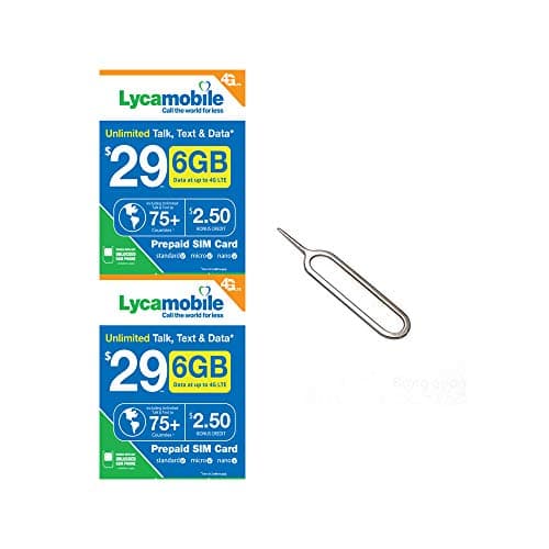 (2 Pack) Lycamobile $29 Plan 6GB of High-Speed Data (Then Unlimited Normal Data) Micro/Nano/Standard 4G/3G/2G LTE Nationwide Talk/Text/Data 75+ Countries Sim Card Prepaid 30x2=60 Days + Free Pin Tool