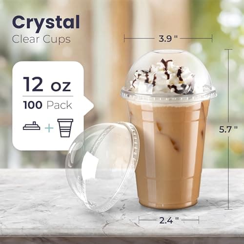 100 Pack 12 oz Disposable Plastic Coffee Cups with Dome Lids, To Go Iced Coffee Cups with Lids, BPA Free Clear Parfait Cups for Party, Smoothie, Bubble Boba, Juice, Milkshake