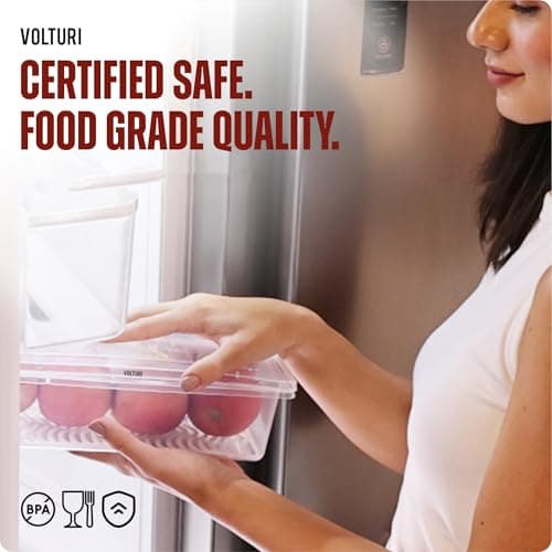 VOLTURI Fridge Storage Boxes (Pack of 6), Fridge Organizer with Removable Drain Plate Tray Keeps Fruits, Vegetables, Meat, Fish Fresh Longer 1500 ML