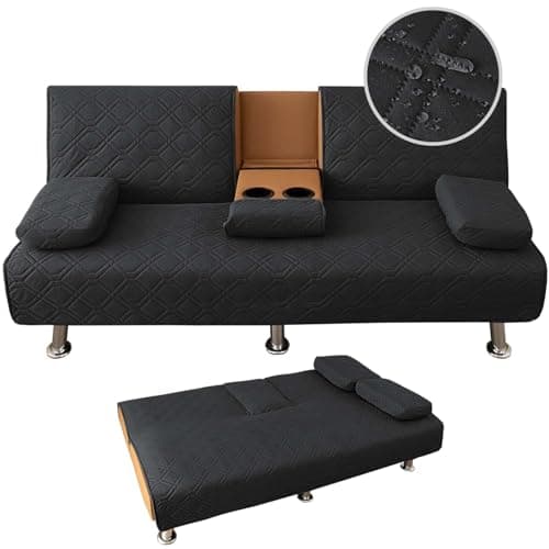 4 Pieces Click Clack Sofa Bed Cover 3 Seater, Quilted Convertible Folding Cover with 2 Removable Armrests and 1 Holders Covers (Black)