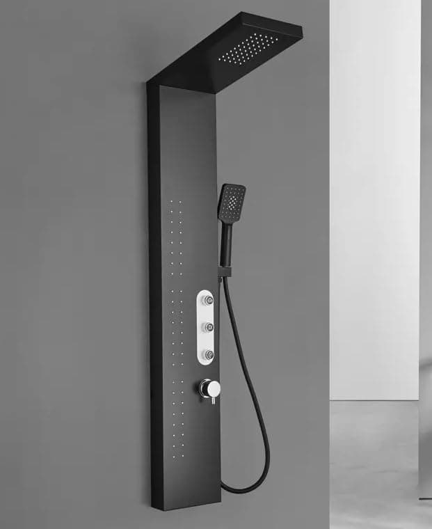 Stainless Steel 304 Grade Shower Panel For Bathroom Full Set | Black Aura Series Shower System | Rainfall Shower, Body Massage, Body Jet, Dual Hand Shower (Black Matt Chrome)