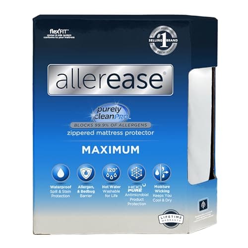 AllerEase Maximum Allergy and Bedbug Waterproof Zippered Mattress Protector - Vinyl Free & Hypoallergenic - 10 Year Warranty, Queen