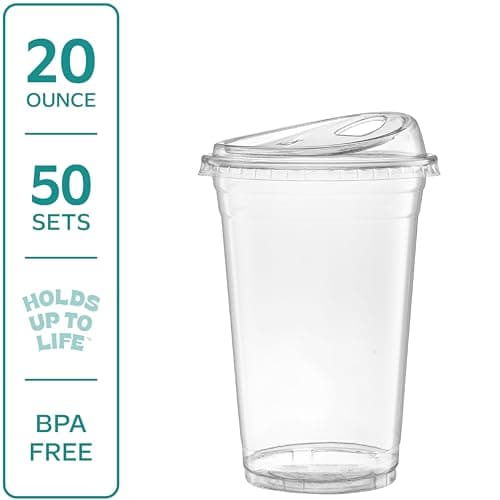 Comfy Package [20 oz. - 50 Sets Clear Plastic Cups With Strawless Sip-Lids