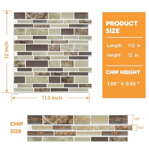 Vamos Tile 10 Sheets Peel and Stick Kitchen - 12" x 12" Premium Tile Backsplash 3D Wall Tiles