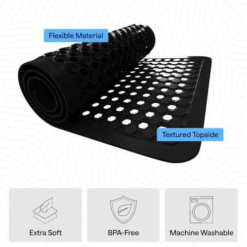 GORILLA GRIP Patented Square Shower Stall Mat, Small Bathtub Floor Mats for Stand Up Showers, Suction Cups and Drainage Holes, Machine Wash, Soft on Feet, Bathroom Accessories 21x21 Inch, Black Opaque