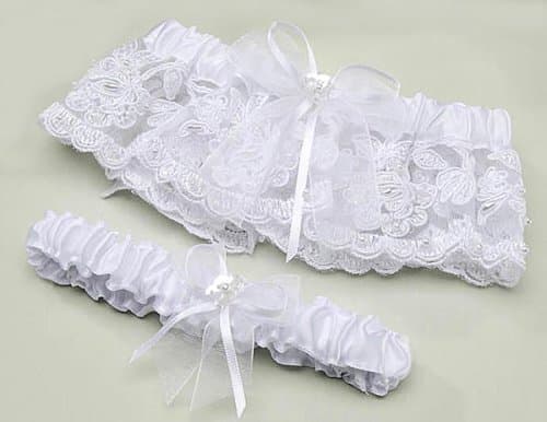 White Lace Sequins & Pearls Adjustable Size Garter Set
