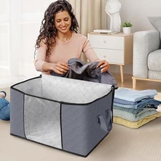 Fab totes 2-Pack Clothes Storage, Stackable Storage Bin Tote , Storage Containers for Organizing Bedroom, Closet, Home Organization and Storage with Lids , Grey