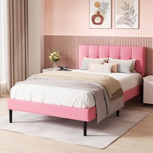 UNIZONE Full Size Bed Frame with Button Tufted Headboard, Velvet Upholstered Platform Bed Frame, Mattress Foundation with Wooden Slat Support, Noise Free, No Box Spring Needed, Easy Assembly, Pink